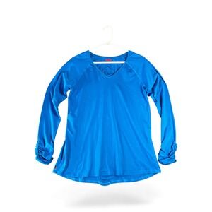 SPANX Blue Long Sleeve V Neck Ruched Sleeve Athletic Top Women's Large